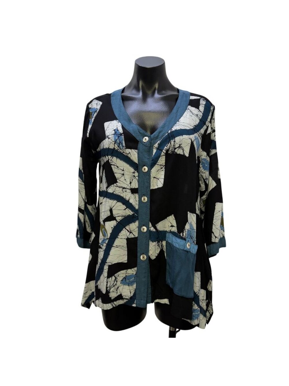 Lyng Black & Blue Abstract Button-Front Rayon Blouse With 3/4 Sleeves  S